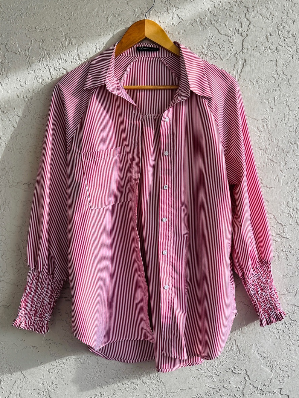 Women's Pink Striped Button-Up Blouse with Shirred Cuffs